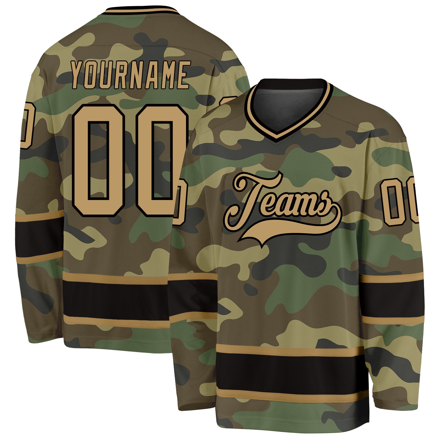 Custom Name Number Personalized Camo Hockey Jersey in Old Gold Black - Salute To Service Team Apparel Personalized Camo Old