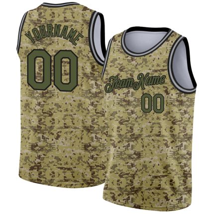 Custom Name and Number Olive-Black Camo 3D Basketball Jersey - Authentic Salute To Service Team Edition Personalized Camo