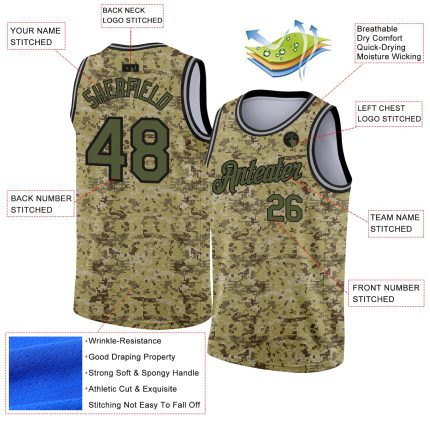 Custom Name and Number Olive-Black Camo 3D Basketball Jersey - Authentic Salute To Service Team Edition Personalized Camo