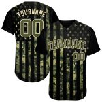 Custom American Flag Baseball Jersey with Personalized Name and Number, Olive-Cream Camo Design, Authentic Salute to Service
