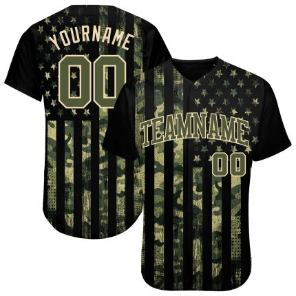 Custom American Flag Baseball Jersey with Personalized Name and Number, Olive-Cream Camo Design, Authentic Salute to Service