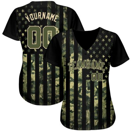 Custom American Flag Baseball Jersey with Personalized Name and Number, Olive-Cream Camo Design, Authentic Salute to Service
