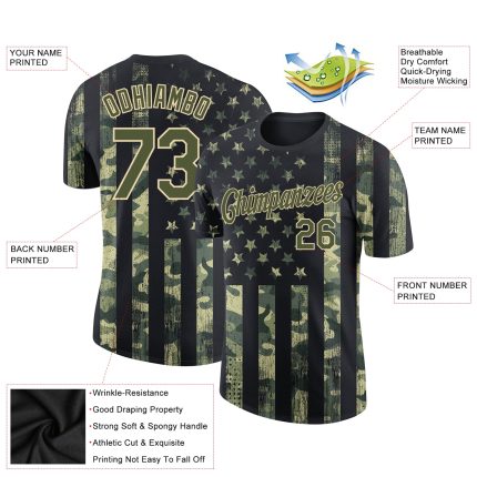 Personalized Camo Olive-Cream 3D American Flag T-Shirt for Performance Salute to Service Personalized Camo Olive-Cream 3D