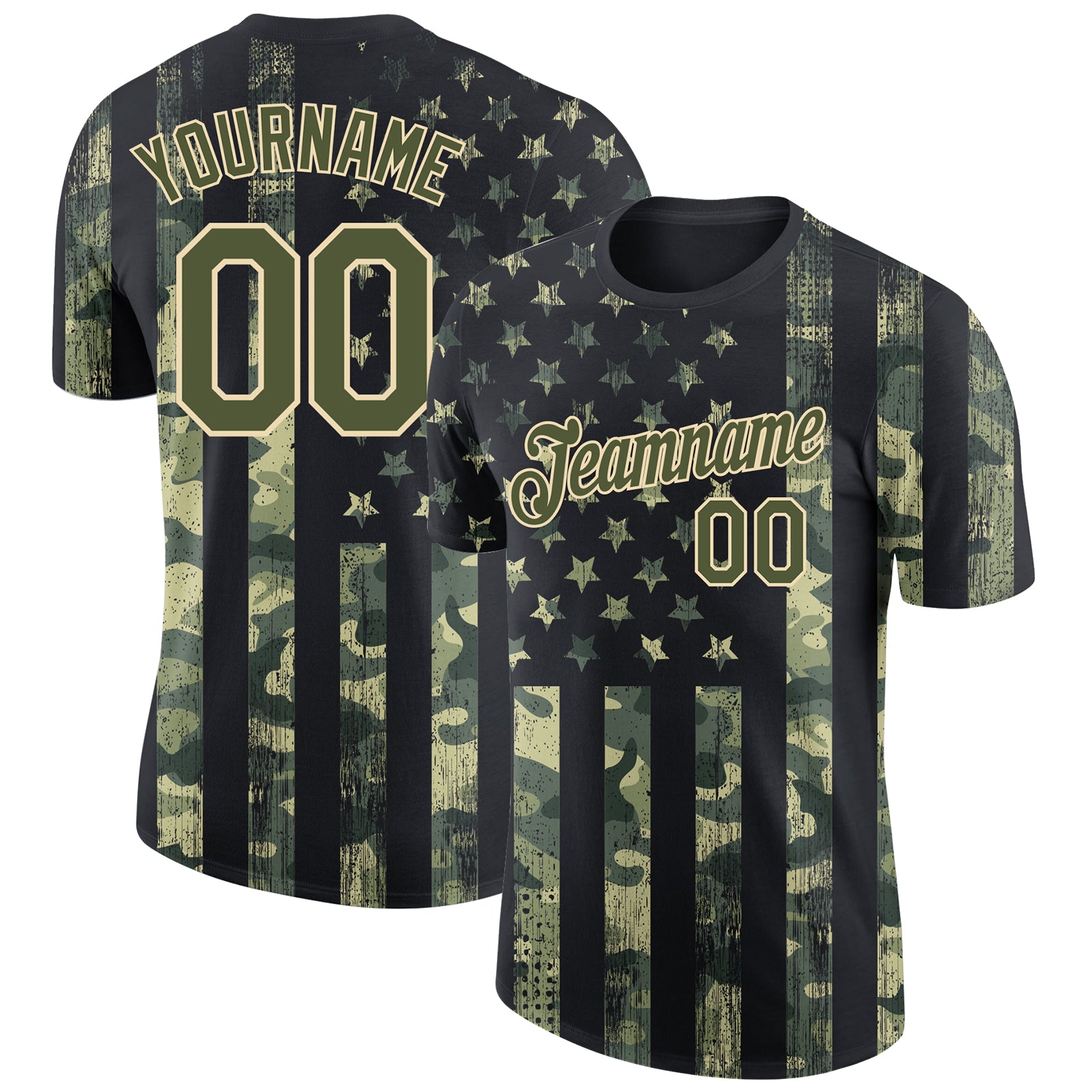 Personalized Camo Olive-Cream 3D American Flag T-Shirt for Performance Salute to Service Personalized Camo Olive-Cream 3D