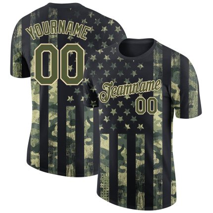 Custom Name and Number Camo 3D American Flag Performance T-Shirt - Olive-Cream Salute to Service Fashion Tee Personalized