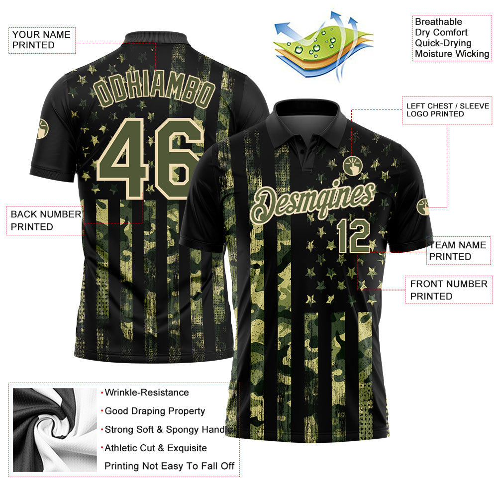 Personalized Camo Olive-Cream 3D American Flag Performance Salute To Service Golf Polo Shirt Team Custom Name and Number Custom Camo Olive-Cream 3D American Flag Golf Polo Shirt with Name & Number - Salute to Service Performance Design Personalized - Image 3