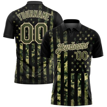 Custom Camo Olive-Cream 3D American Flag Golf Polo Shirt with Name & Number - Salute to Service Performance Design Personalized