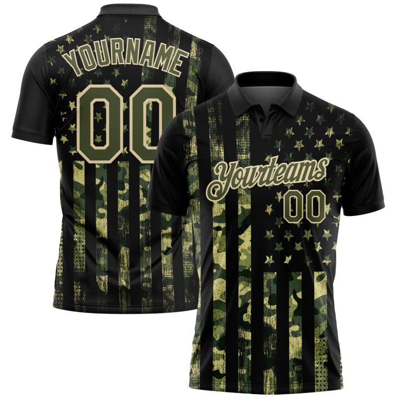 Custom Camo Olive-Cream 3D American Flag Golf Polo Shirt with Name & Number - Salute to Service Performance Design Personalized