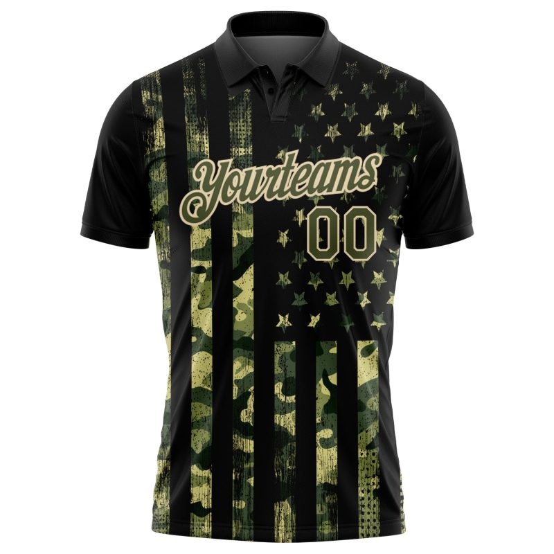 Custom Camo Olive-Cream 3D American Flag Golf Polo Shirt with Name & Number - Salute to Service Performance Design Personalized