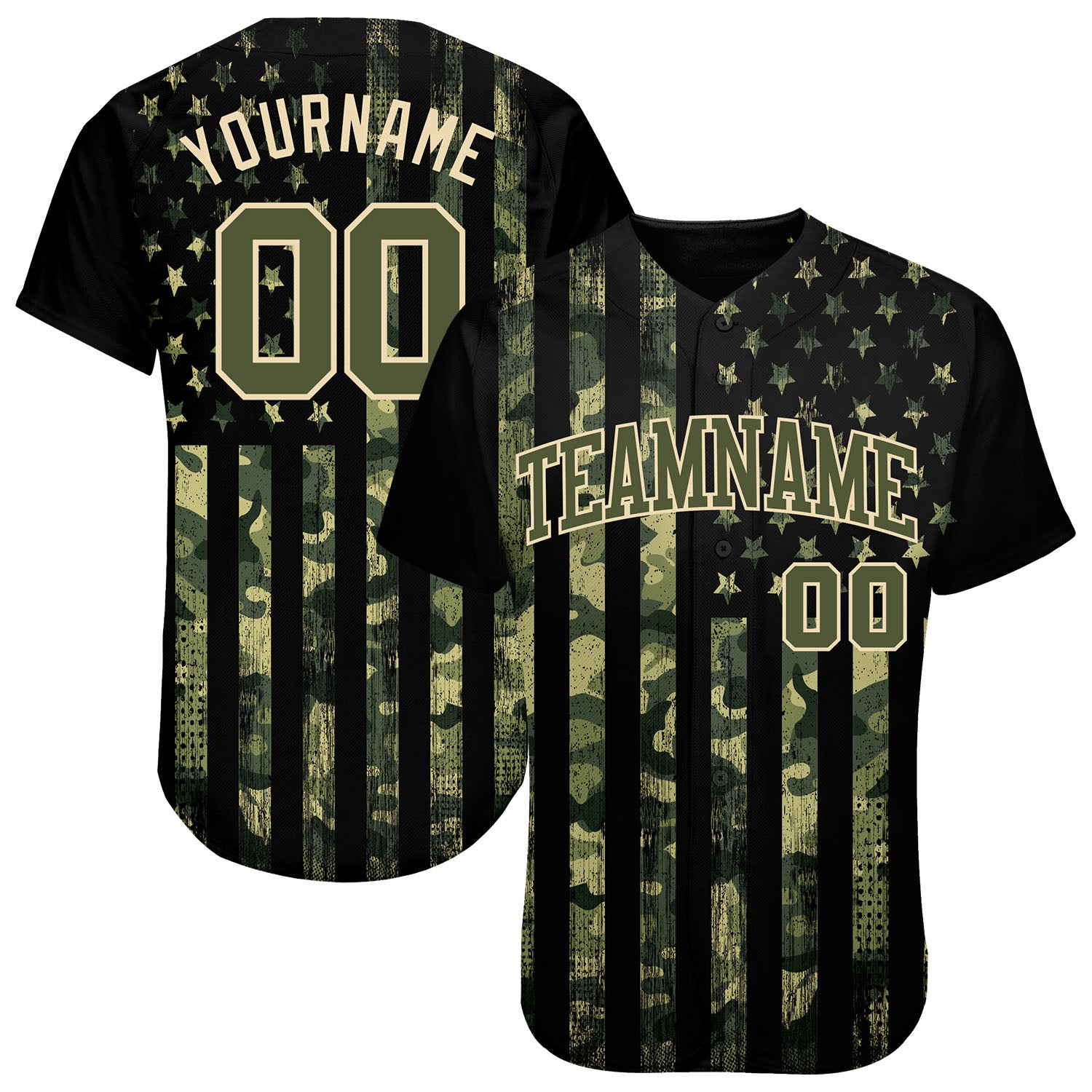 Personalized 3D American Flag Camo Baseball Jersey - Olive Cream Salute to Service Personalized Camo Olive-Cream 3D American
