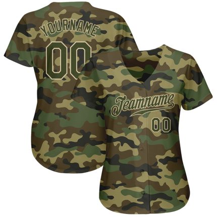 Personalized Authentic Salute to Service Baseball Jersey in Camo Olive-Cream Design Personalized Camo Olive-Cream Authentic