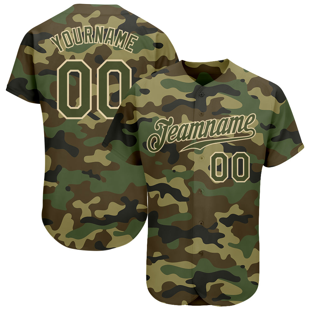 Personalized Authentic Salute to Service Baseball Jersey in Camo Olive-Cream Design Personalized Camo Olive-Cream Authentic