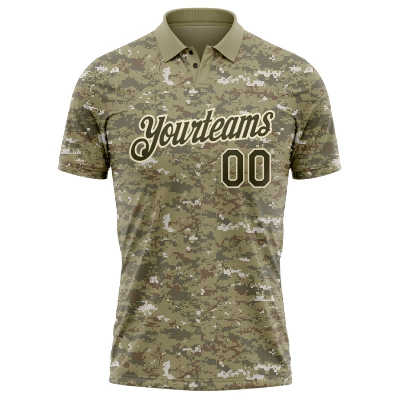 Custom Name Number Golf Polo Shirt, Personalized Camo Olive-Cream Performance Salute to Service Personalized Camo Olive-Cream