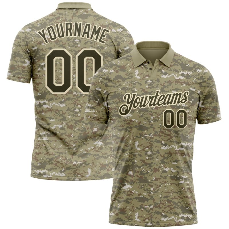 Custom Name Number Golf Polo Shirt, Personalized Camo Olive-Cream Performance Salute to Service Personalized Camo Olive-Cream