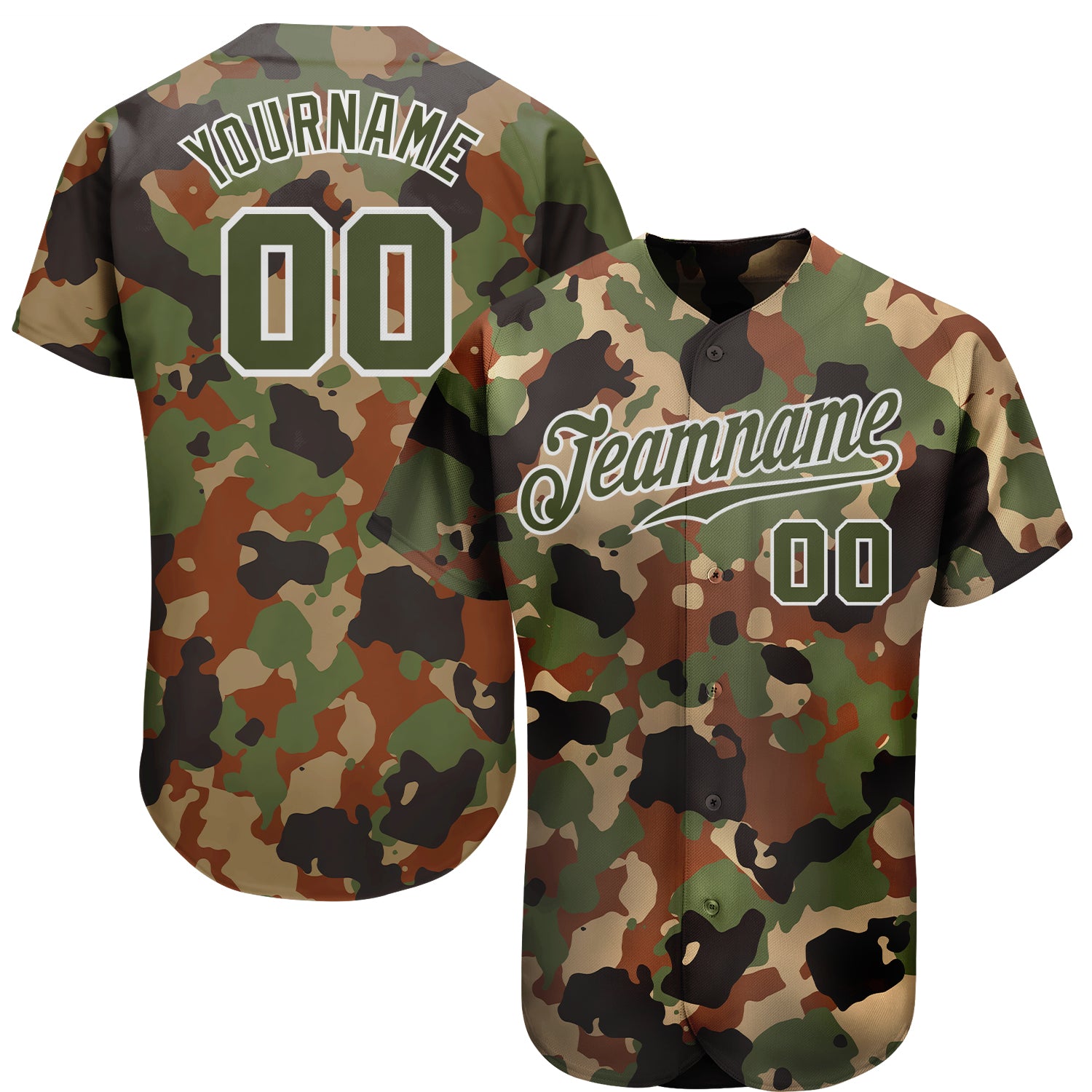 Personalized Olive-White Camo Classic Woodland Baseball Jersey - Authentic Salute To Service Design Personalized Camo Olive-White