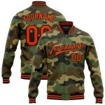 Custom Camo Orange-Black Bomber Varsity Letterman Jacket with Name & Number - Salute to Service Design Personalized Camo