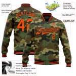 Custom Camo Orange-Black Bomber Varsity Letterman Jacket with Name & Number - Salute to Service Design Personalized Camo