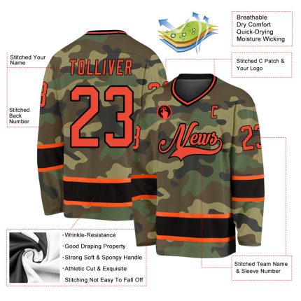 Personalized Camo Hockey Jersey - Orange Black Salute To Service Design Personalized Camo Orange-Black Salute To Service