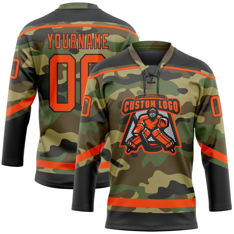 Personalized Camo Hockey Jersey - Orange Black Salute to Service Lace Neck Design Personalized Camo Orange-Black Salute To