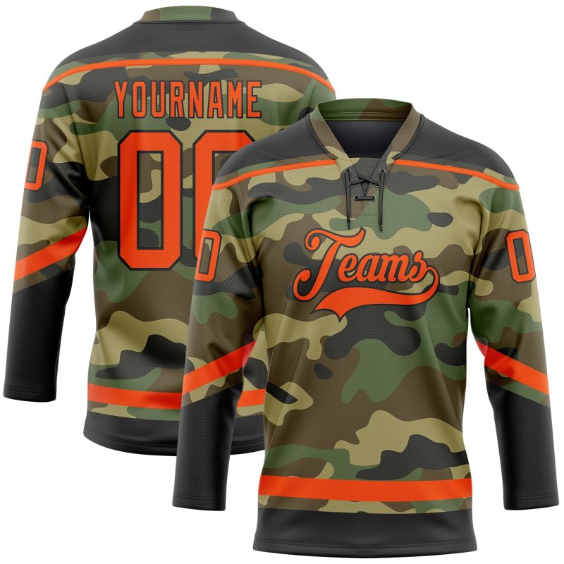 Personalized Camo Hockey Jersey - Orange Black Salute to Service Lace Neck Design Personalized Camo Orange-Black Salute To