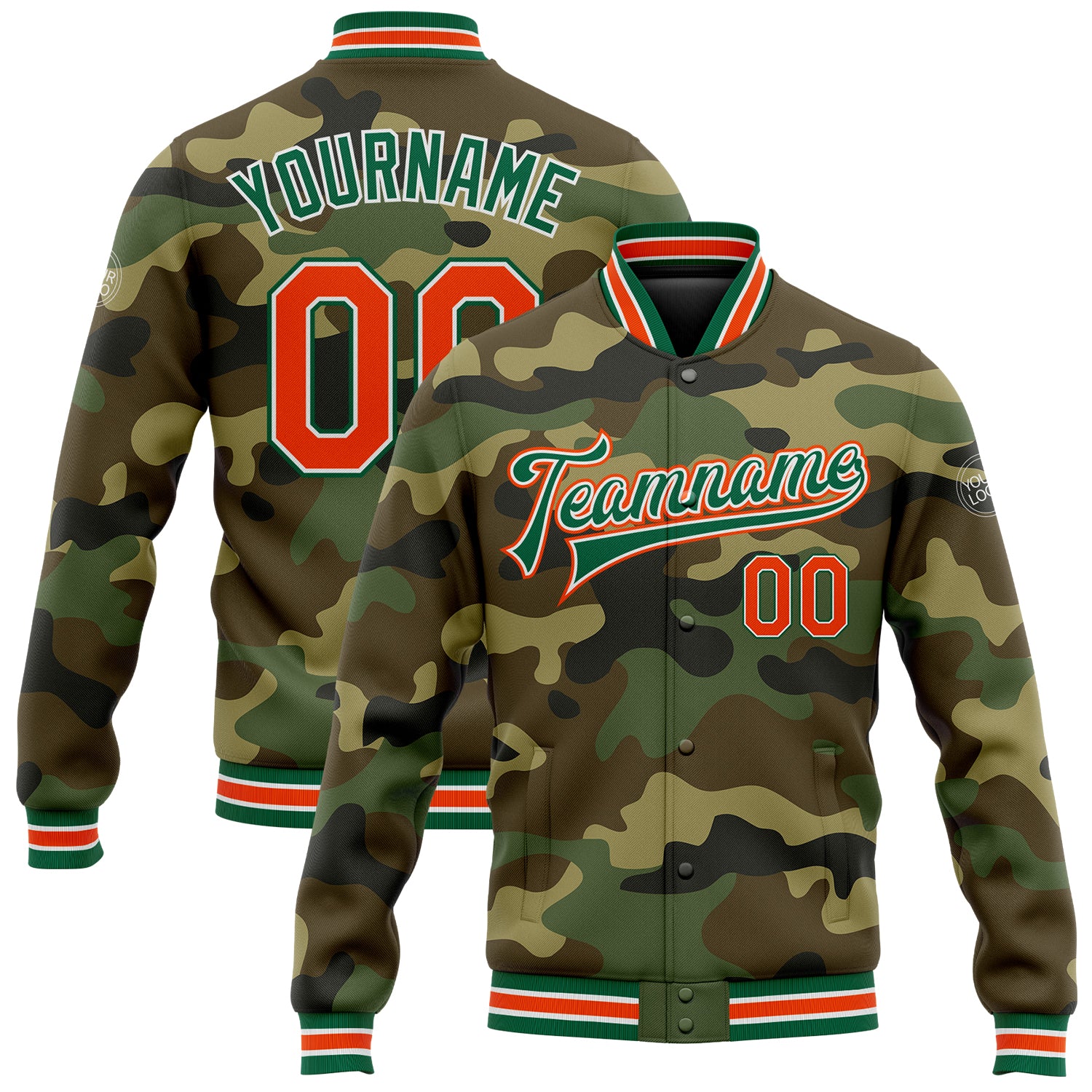 Personalized Camo Jacket for Men, Orange-Kelly Green Bomber Full-Snap Varsity Letterman Salute To Service Personalized Camo