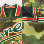 Custom Name and Number Camo Bomber Jacket in Orange-Kelly Green Varsity Letterman Style - Personalize Your Salute To Service Gear