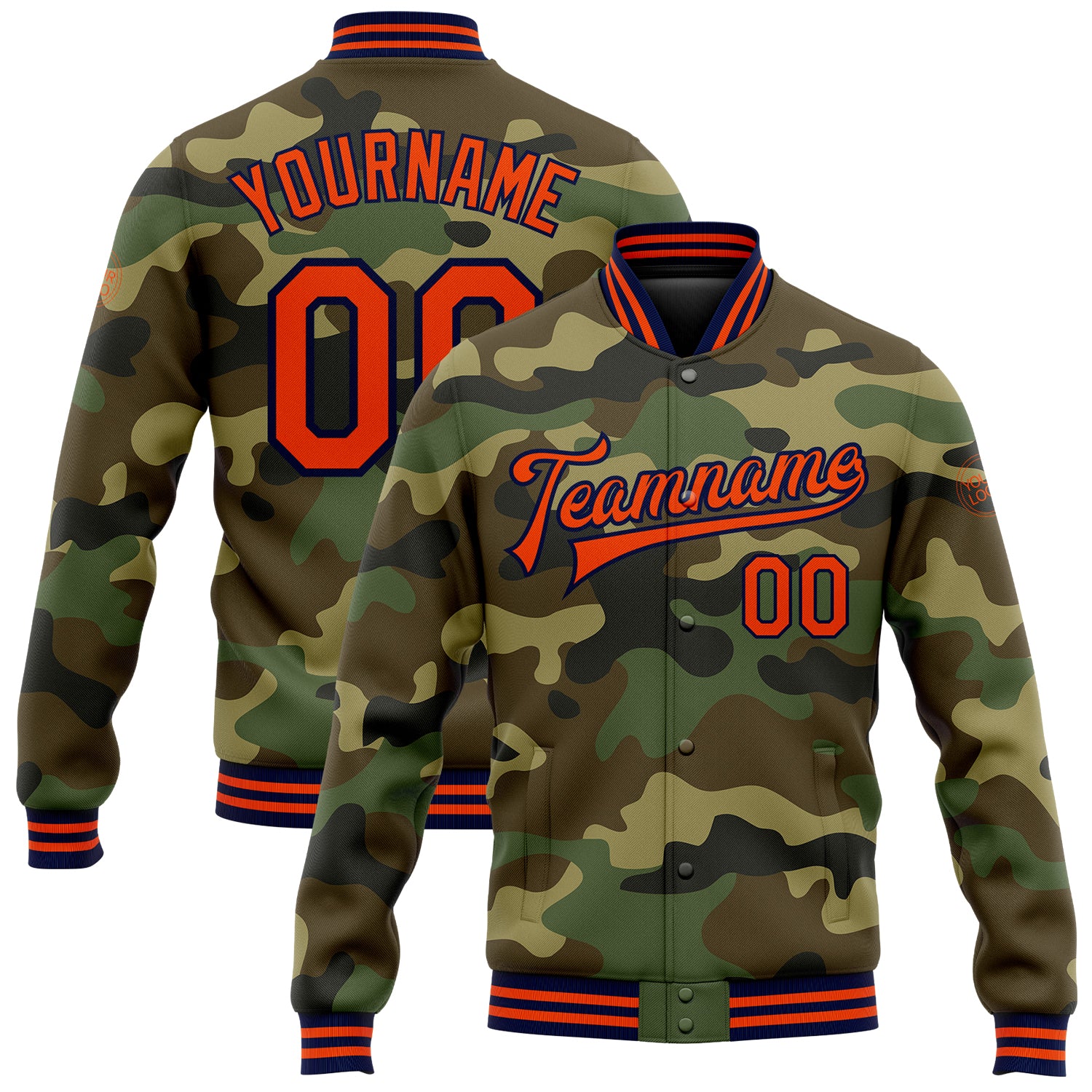 Personalized Camo Jacket for Men, Orange-Navy Bomber Full-Snap Varsity Letterman Salute to Service Personalized Camo Orange-Navy