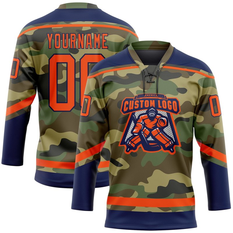 Custom Name Number Personalized Camo Orange Navy Hockey Jersey - Salute to Service Lace Neck Team Jersey Personalized Camo