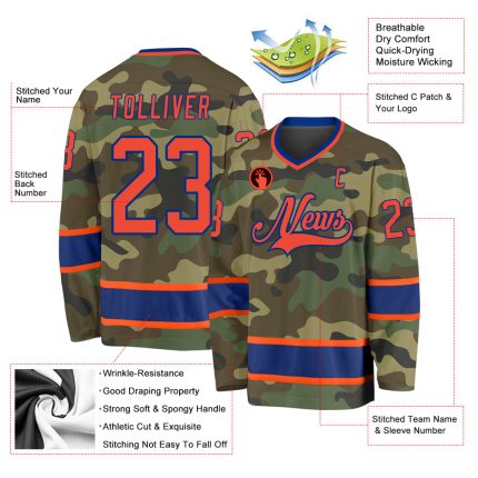 Camo Orange-Royal Personalized Hockey Jersey for Salute To Service Personalized Camo Orange-Royal Salute To Service Hockey