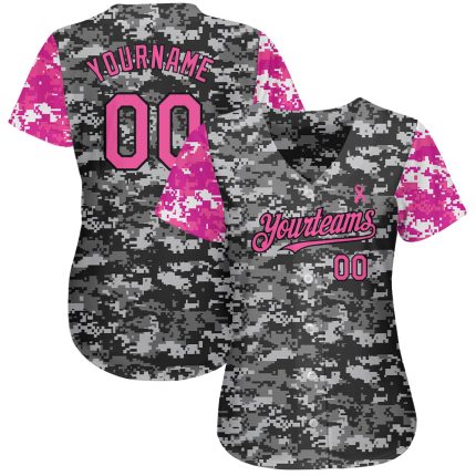 Breast Cancer Awareness Custom Baseball Jersey for Women - Personalized 3D Camo Pink-Black with Name and Number Personalized