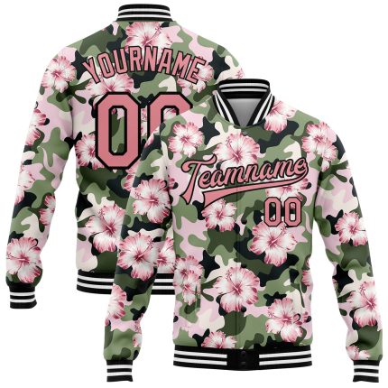 Personalized Camo Pink Black Hibiscus Flower 3D Bomber Varsity Jacket Salute to Service Personalized Camo Pink-Black Hibiscus