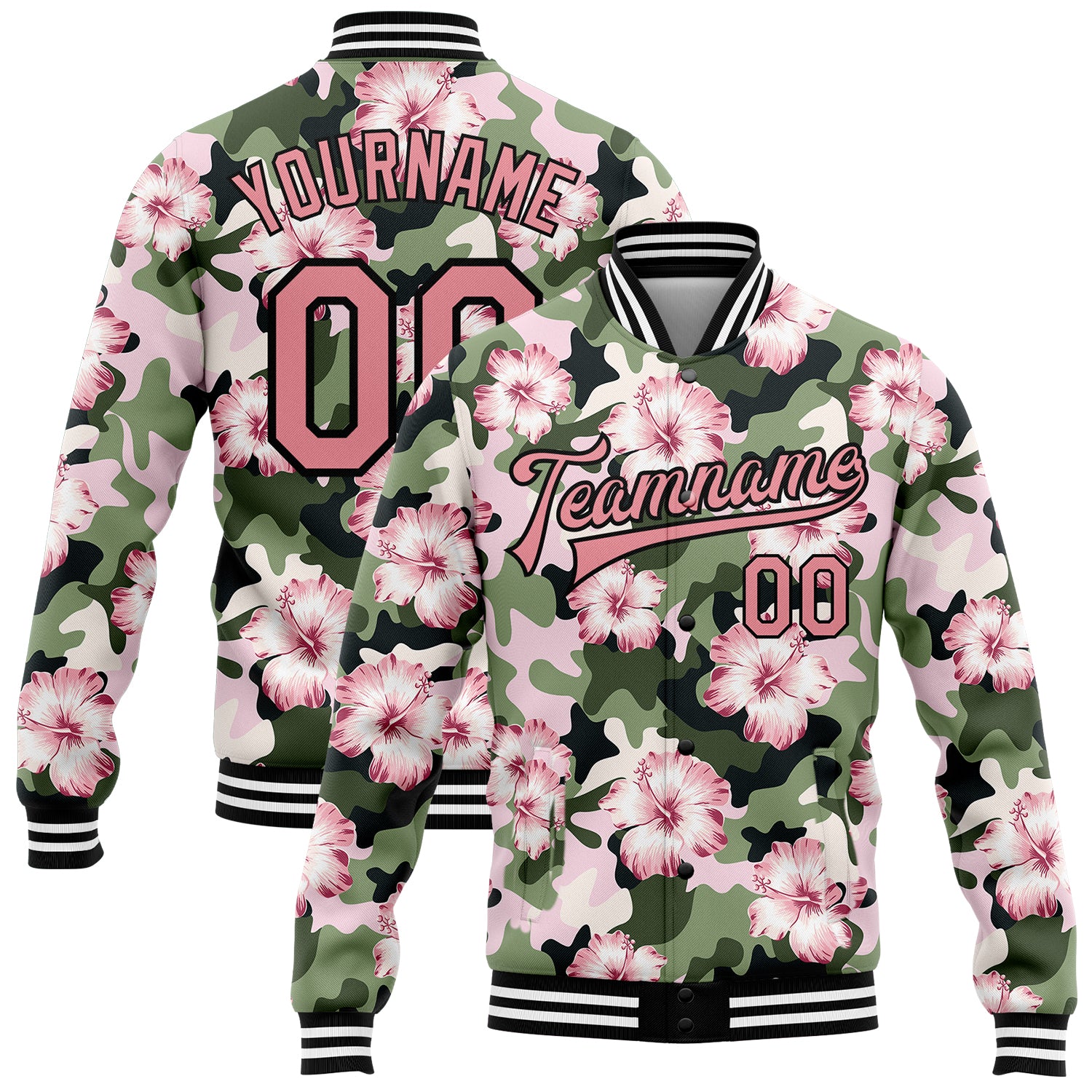 Personalized Camo Pink Black Hibiscus Flower 3D Bomber Varsity Jacket Salute to Service Personalized Camo Pink-Black Hibiscus