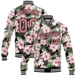 Custom Name and Number Varsity Bomber Jacket with Personalized Camo Pink-Black Hibiscus 3D Design - Full-Snap Letterman Style