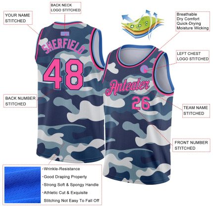 Personalized Camo Basketball Jersey - Pink Black Light Blue 3D Salute to Service Personalized Camo Pink Black-Light Blue
