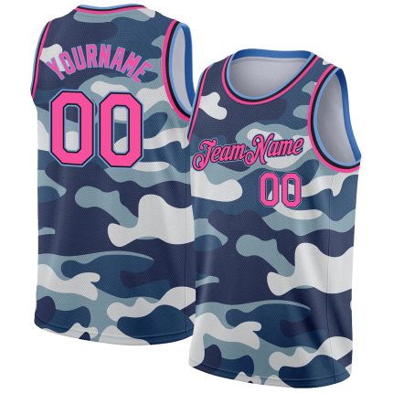 Personalized Camo Basketball Jersey - Pink Black Light Blue 3D Salute to Service Personalized Camo Pink Black-Light Blue