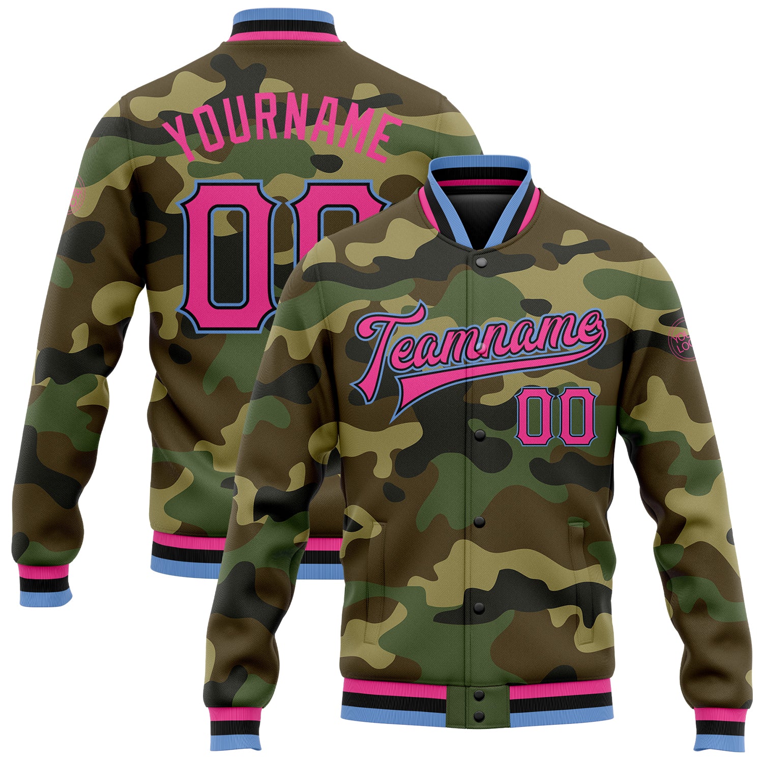 Personalized Camo Jacket for Women, Pink Black Light Blue, Full-Snap Varsity Letterman Style, Salute to Service Personalized