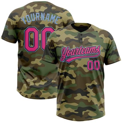 Personalized Salute to Service Two-Button Unisex Softball Jersey in Camo Pink Black-Light Blue Personalized Camo Pink Black-Light