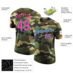 Custom pink, black and blue military-inspired performance t-shirt, back view
