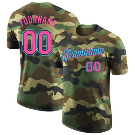 Custom pink, black and blue military-inspired performance t-shirt