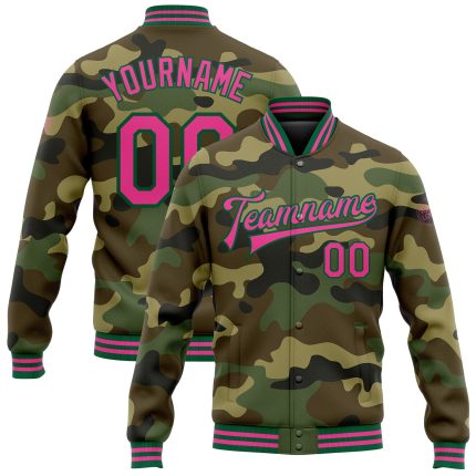Custom Team Name Number Jacket Personalized Camo Pink Kelly Green Varsity Letterman Bomber Salute to Service Full-Snap Personalized