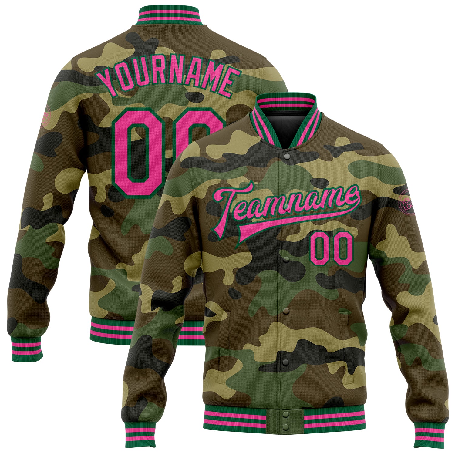Custom Team Name Number Jacket Personalized Camo Pink Kelly Green Varsity Letterman Bomber Salute to Service Full-Snap Personalized
