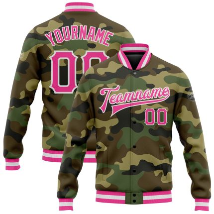 Custom Name & Number Pink-White Camo Bomber Varsity Letterman Salute to Service Jacket Personalized Camo Pink-White Bomber