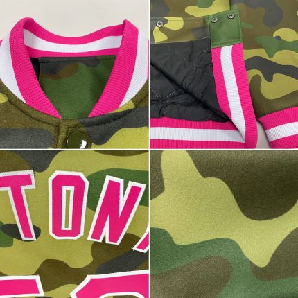 Custom Name & Number Pink-White Camo Bomber Varsity Letterman Salute to Service Jacket Personalized Camo Pink-White Bomber