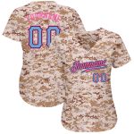 Custom Name and Number Baseball Jersey - Personalized Camo Powder Blue-Pink Authentic Salute to Service Personalized Camo