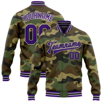 Camo Purple-Black Personalized Bomber Jacket Full-Snap Varsity Letterman Salute to Service Personalized Camo Purple-Black