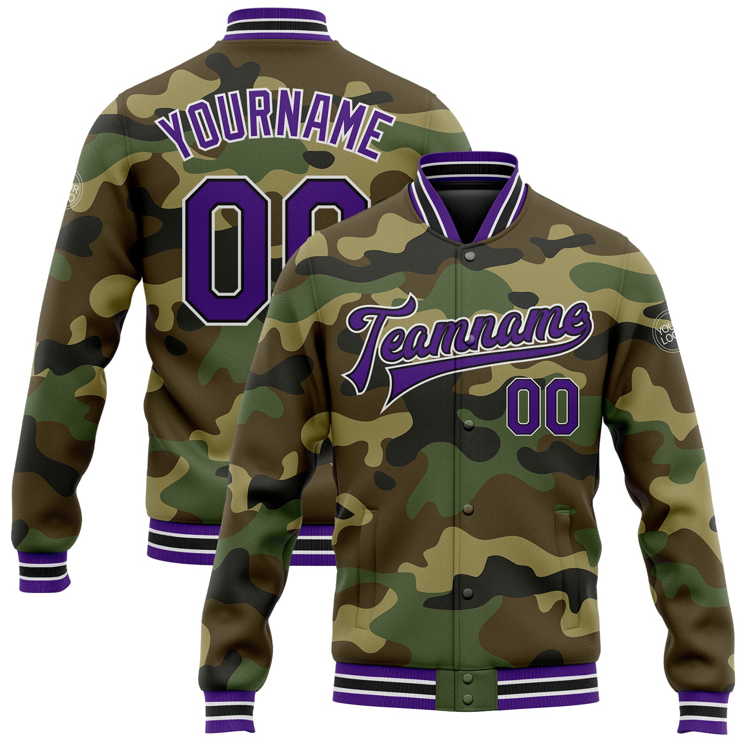 Custom Name and Number Salute to Service Varsity Letterman Jacket, Personalized Purple-Black Camo Bomber Personalized Camo