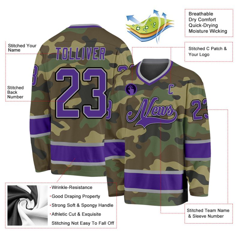 Custom Name Number Personalized Camo Hockey Jersey - Purple Black Salute to Service Team Jersey Personalized Camo Purple-Black