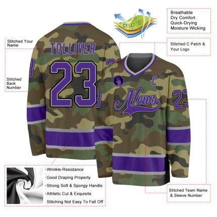 Custom Camo Purple Black Hockey Jersey - Salute to Service Design Personalized Camo Purple-Black Salute To Service Hockey