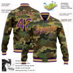 Personalized Camo Jacket for Men, Purple-Gold Bomber Full-Snap Varsity Letterman Salute to Service Personalized Camo Purple-Gold