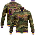 Personalized Purple Gold Camo Jacket for Veterans - Full-Snap Varsity Letterman Bomber Personalized Camo Purple-Gold Bomber